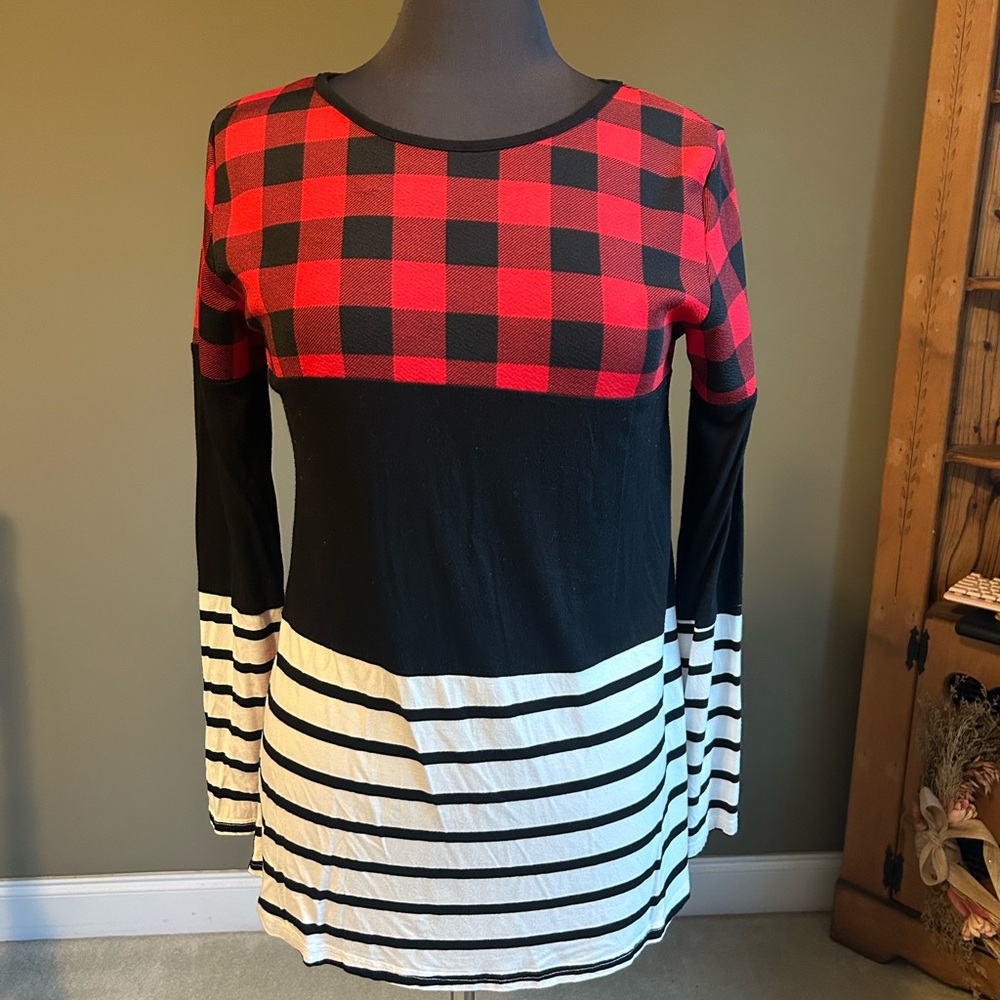 Tickled Teal Red Plaid and Black Striped Long Sleeve Top